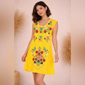 Yellow Embroidered Floral Dress Boho Mexican Style Midi Resortwear Summer